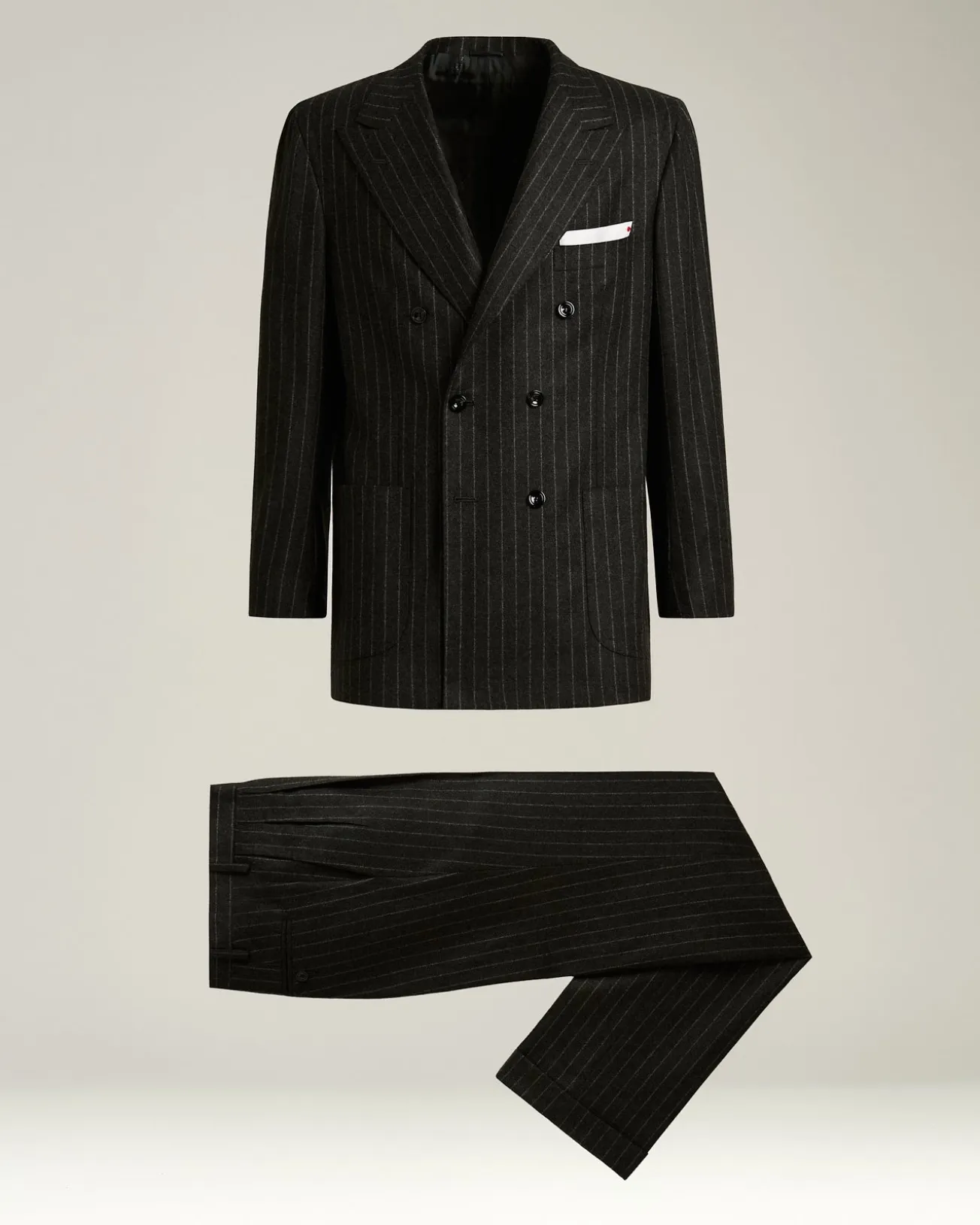 DOUBLE-BREASTED PINSTRIPE SUIT IN GREY WOOL AND CASHMERE