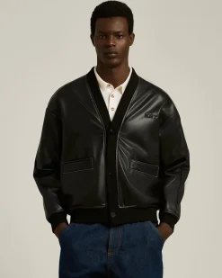 FAUX LEATHER BOMBER BLACK WITH RIBBED DETAILS