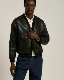FAUX LEATHER BOMBER BLACK WITH RIBBED DETAILS
