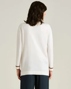 FINE WOOL CARDIGAN WITH CONTRASTING TRIMS IN WHITE HAZELNUT