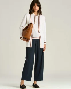 FINE WOOL CARDIGAN WITH CONTRASTING TRIMS IN WHITE HAZELNUT