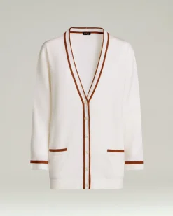 FINE WOOL CARDIGAN WITH CONTRASTING TRIMS IN WHITE HAZELNUT