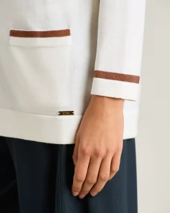 FINE WOOL CARDIGAN WITH CONTRASTING TRIMS IN WHITE HAZELNUT