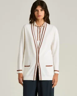 FINE WOOL CARDIGAN WITH CONTRASTING TRIMS IN WHITE HAZELNUT