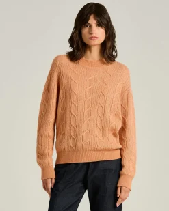 FINE YARN CREWNECK SWEATER IN PEACH/PINK AND WHITE