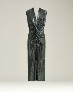 GRAY DRAPED MIDI DRESS WITH SEQUINS
