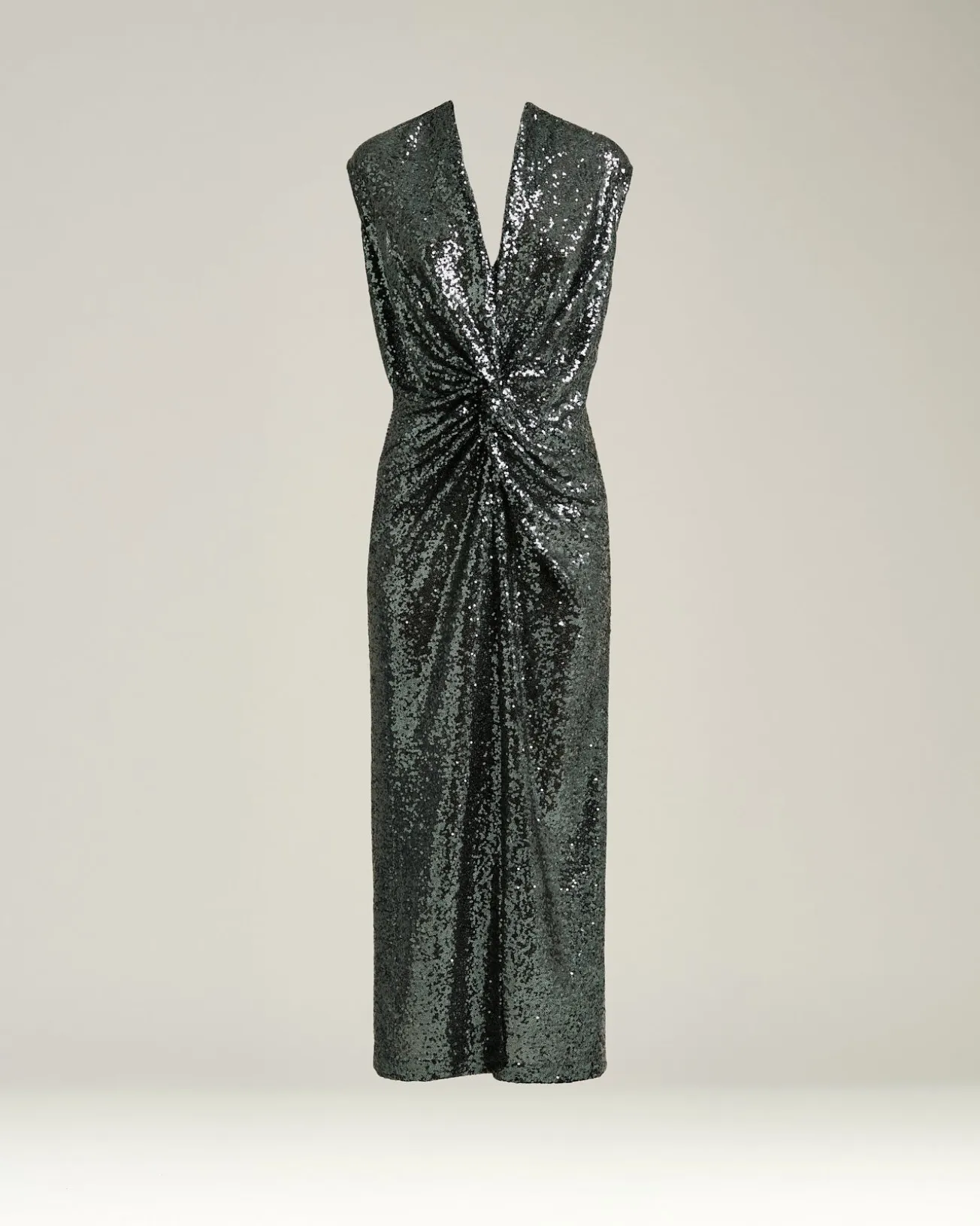 GRAY DRAPED MIDI DRESS WITH SEQUINS