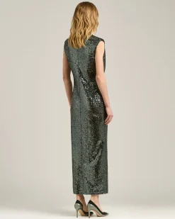 GRAY DRAPED MIDI DRESS WITH SEQUINS