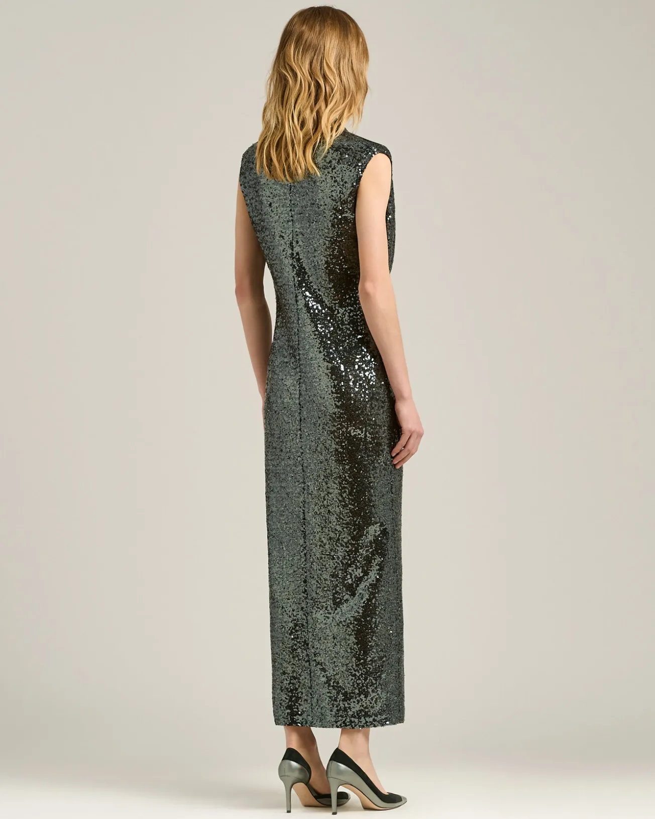 GRAY DRAPED MIDI DRESS WITH SEQUINS