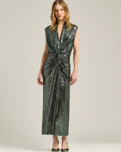GRAY DRAPED MIDI DRESS WITH SEQUINS