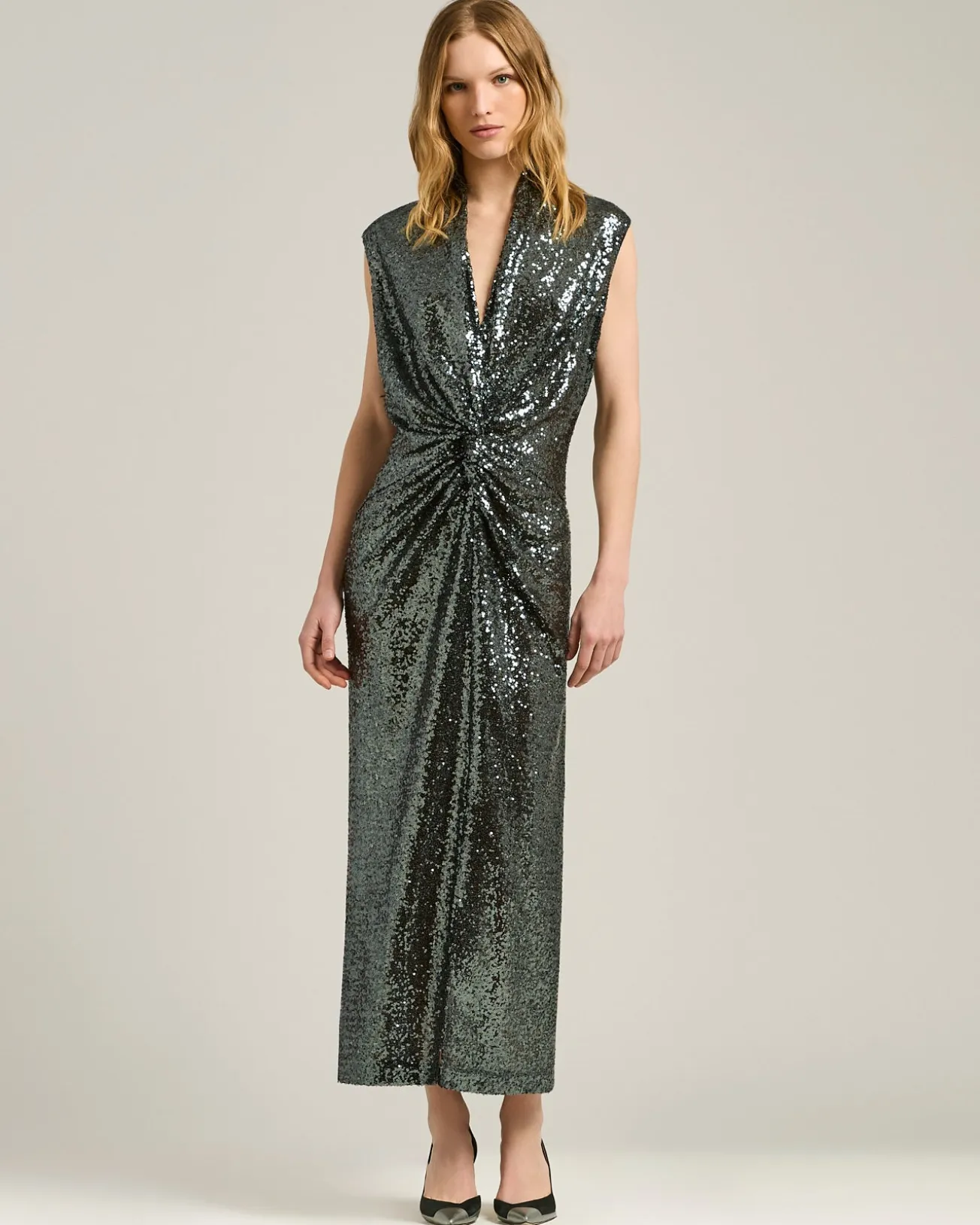 GRAY DRAPED MIDI DRESS WITH SEQUINS