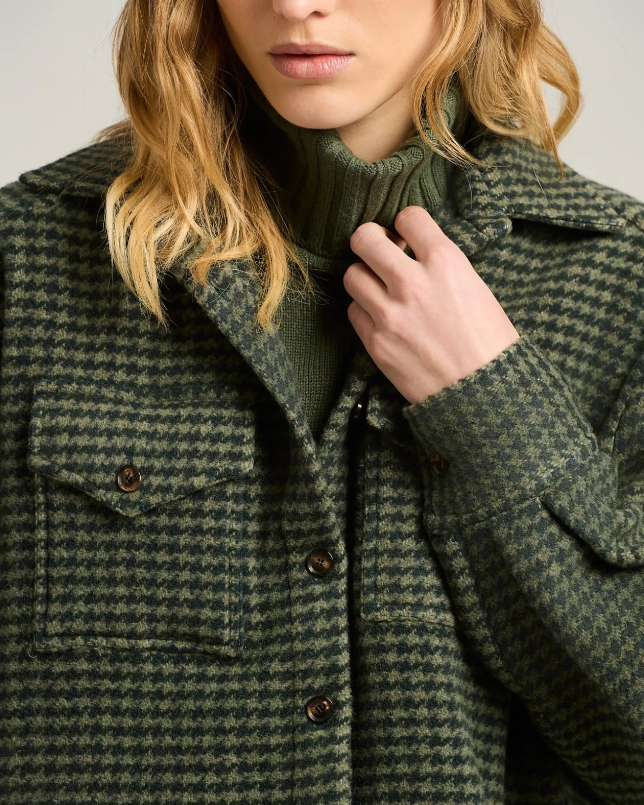 GREEN HOUNDSTOOTH PURE CASHMERE OVERSHIRT