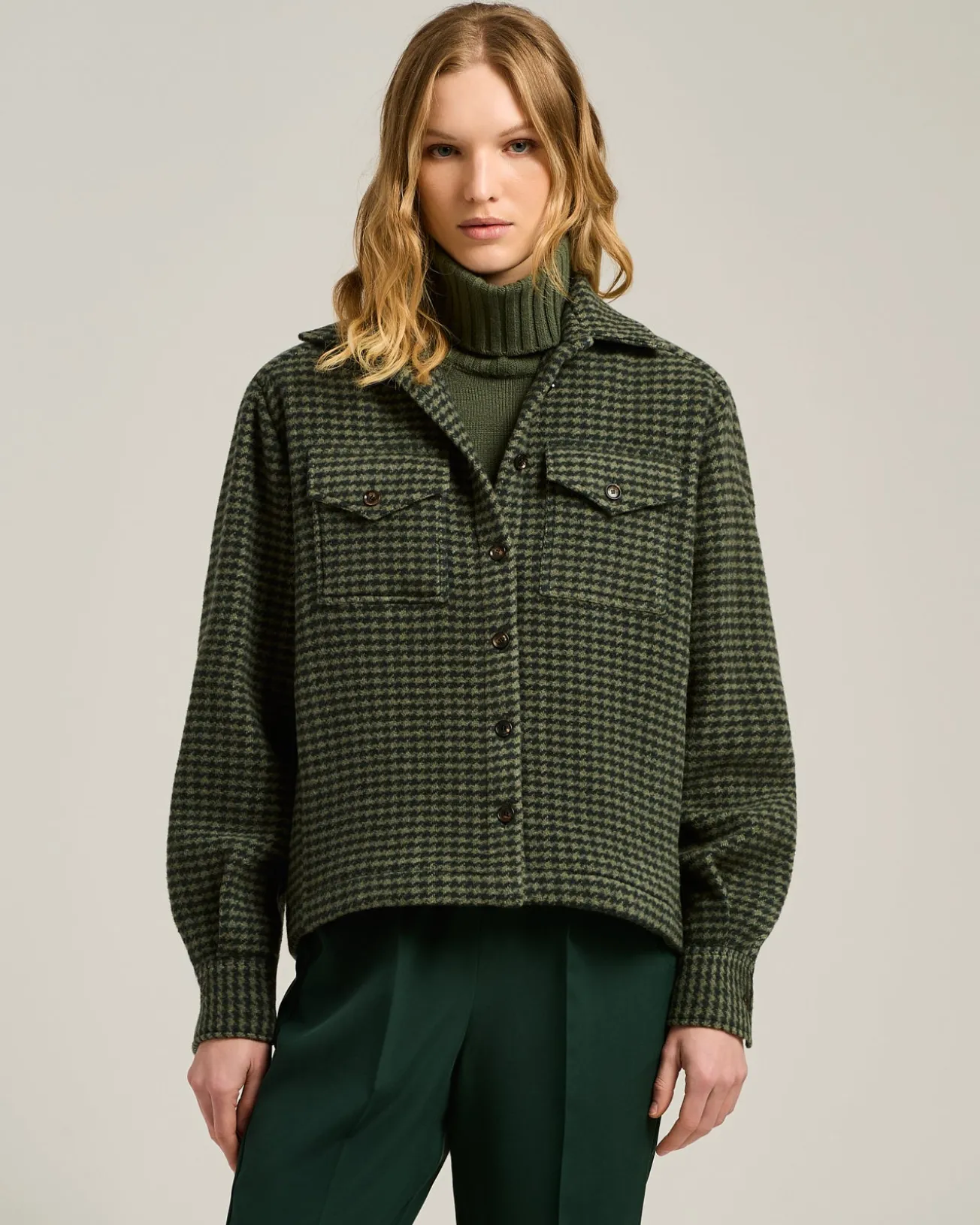 GREEN HOUNDSTOOTH PURE CASHMERE OVERSHIRT