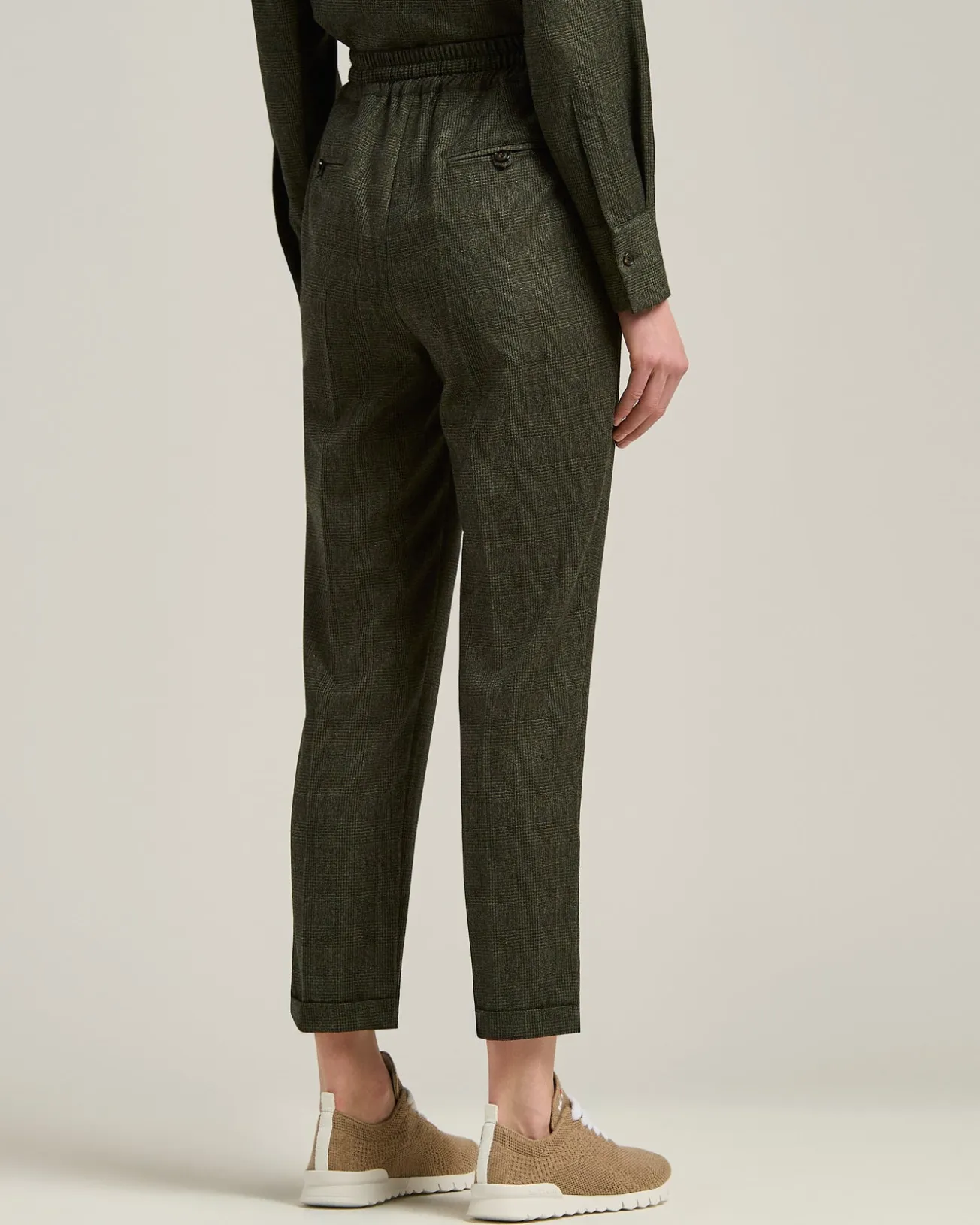 GREEN HOUNDSTOOTH WOOL TROUSERS WITH ELASTIC WAIST