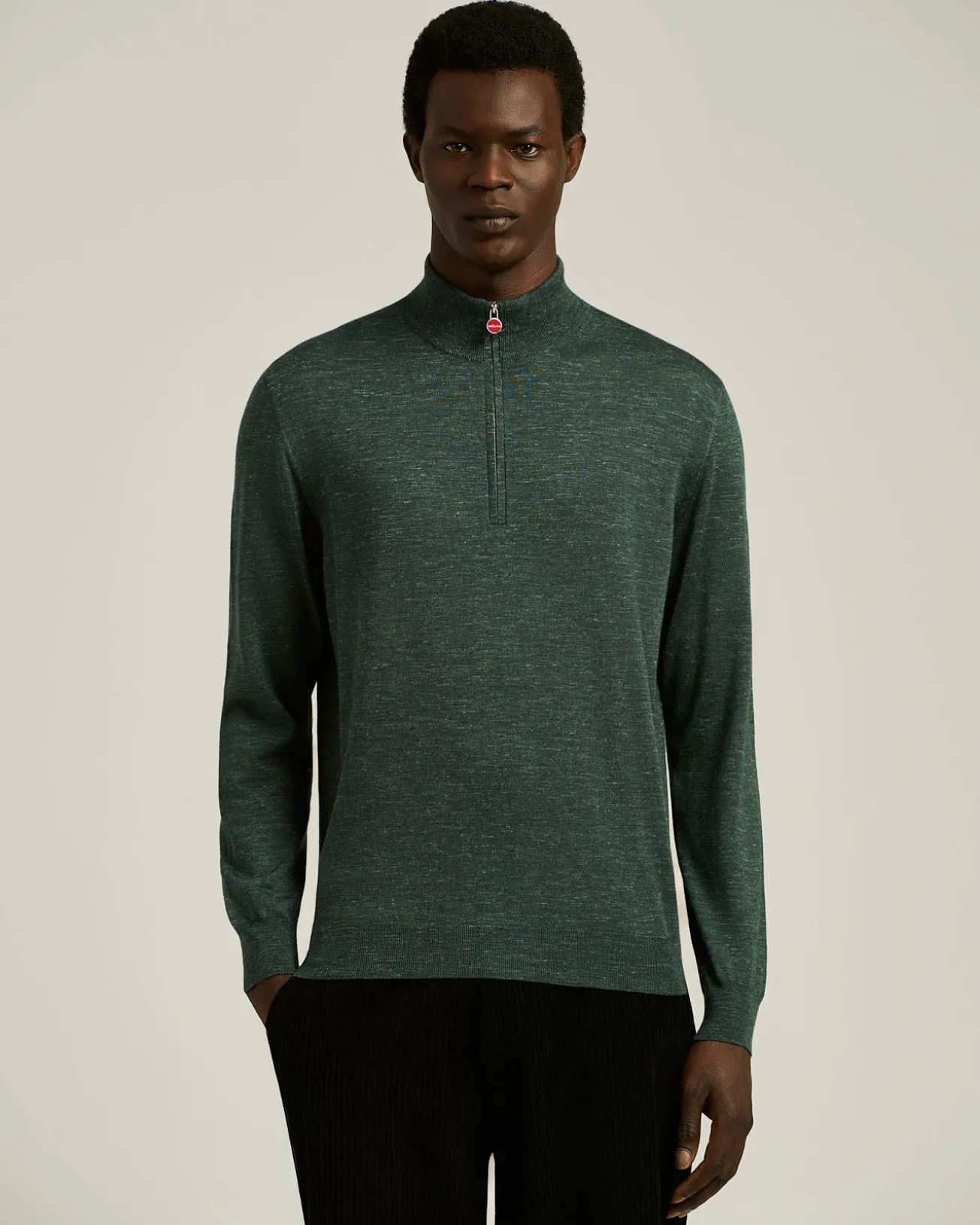 GREEN PINE ZIP-NECK SWEATER IN SILK, CASHMERE AND LINEN