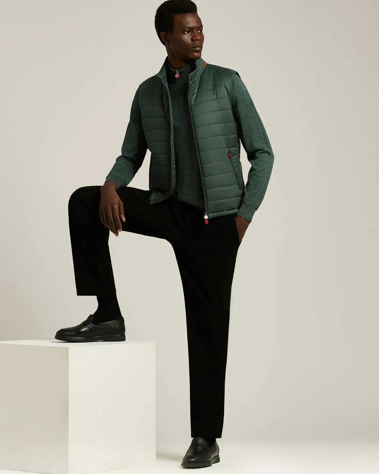 GREEN PINE ZIP-NECK SWEATER IN SILK, CASHMERE AND LINEN