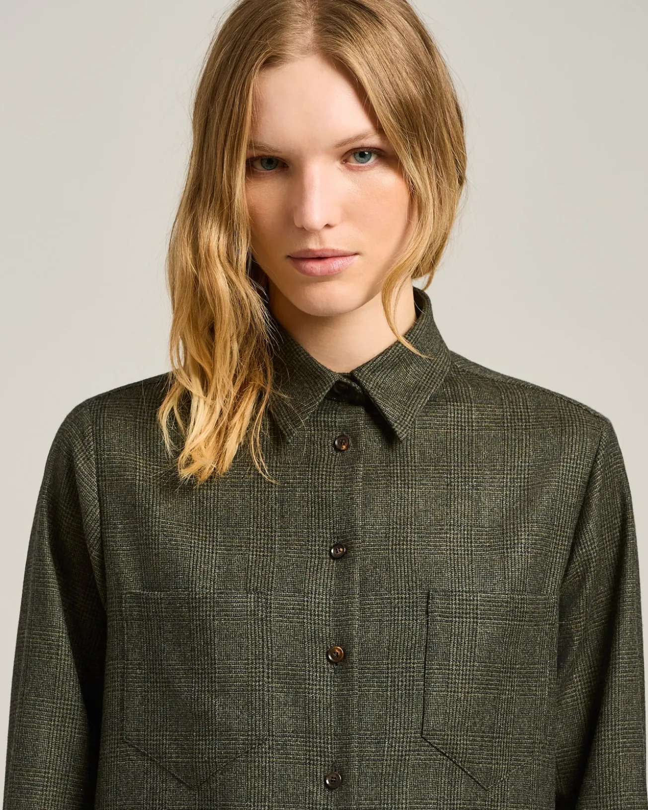 GREEN PRINCE OF WALES WOOL-BLEND BLOUSE