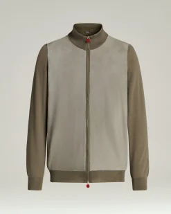 GREY CASHMERE AND SILK BLEND JACKET WITH CONTRASTING LAMBSKIN DETAILS