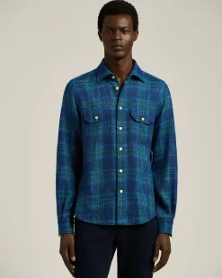 HANDMADE TARTAN OVERSHIRT IN BLUE WOOL BLEND
