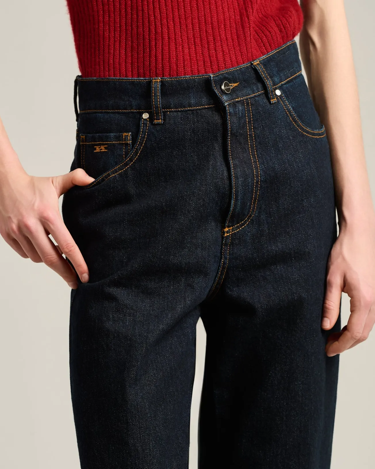 HIGH-WAIST PALAZZO JEANS IN PURE COTTON DARK BLUE