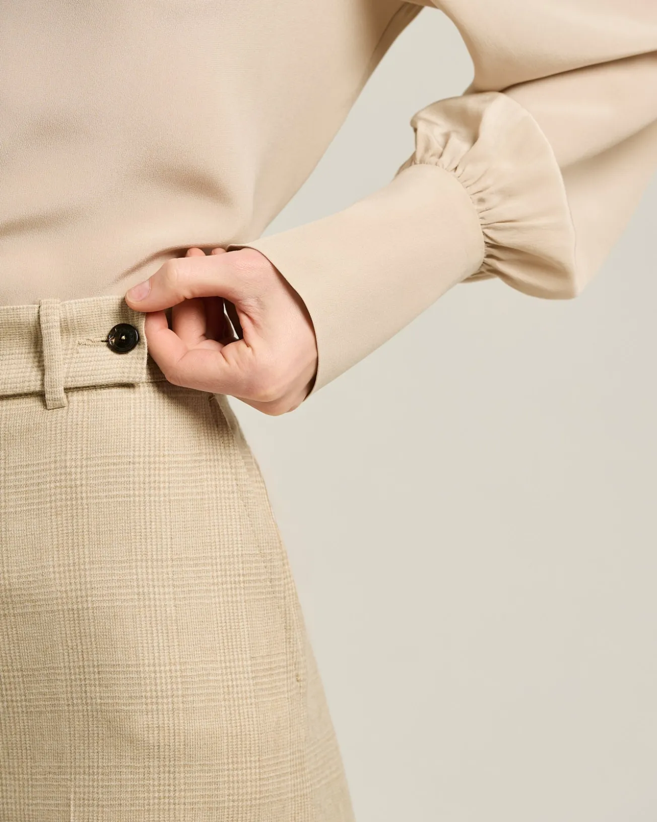 HIGH-WAIST PALAZZO TROUSERS PRINCE OF WALES IN WOOL BLEND BEIGE