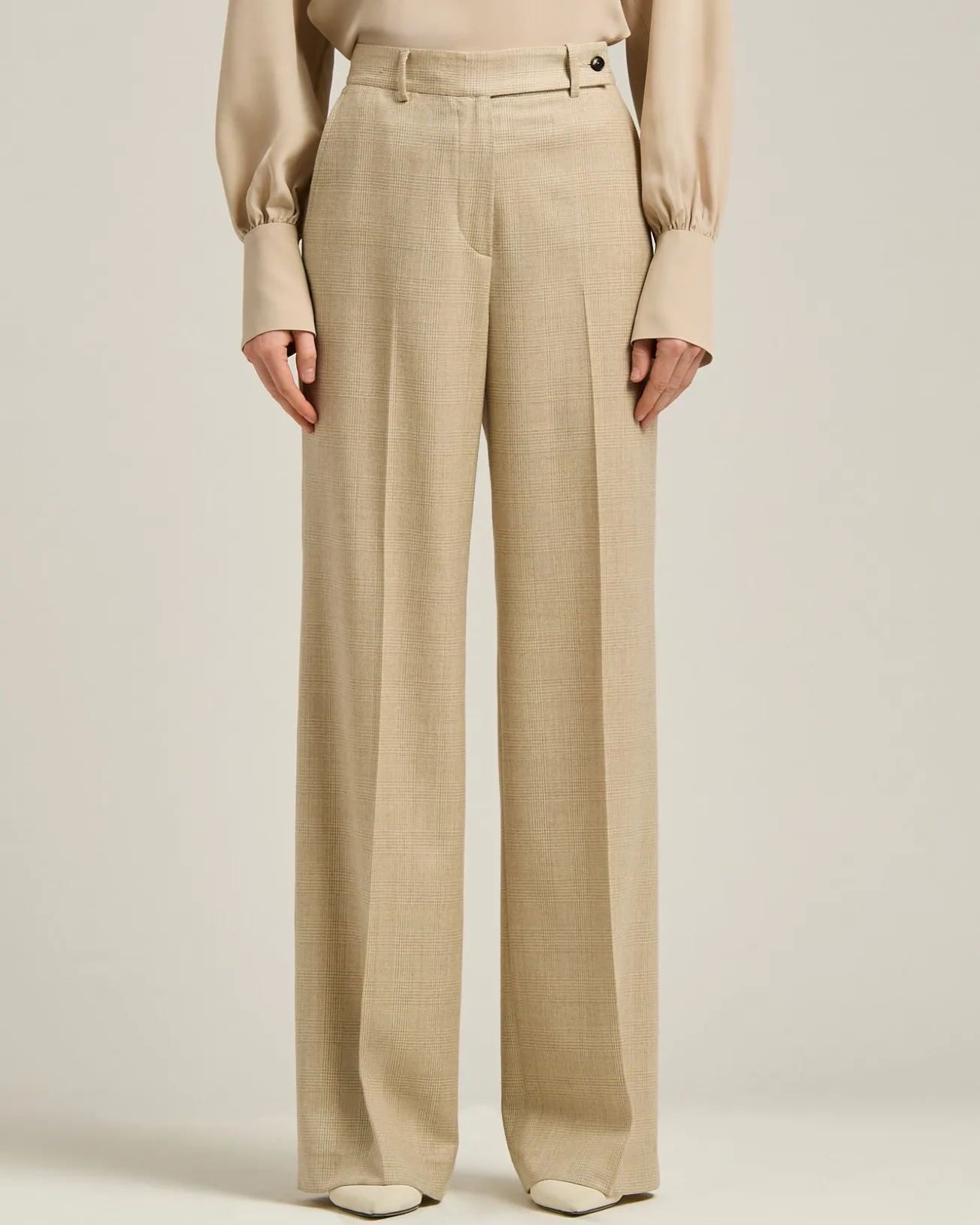 HIGH-WAIST PALAZZO TROUSERS PRINCE OF WALES IN WOOL BLEND BEIGE