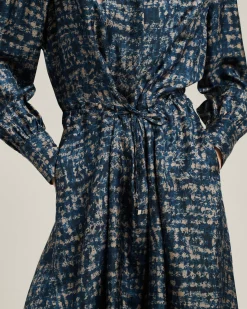 LIGHT BLUE PATTERNED SILK MIDI SHIRT DRESS