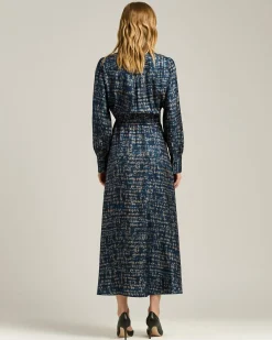 LIGHT BLUE PATTERNED SILK MIDI SHIRT DRESS
