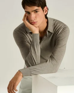 LIGHTWEIGHT KNIT LONG SLEEVED POLO SHIRT BRIGHT GREY AND MOTHER OF PEARL