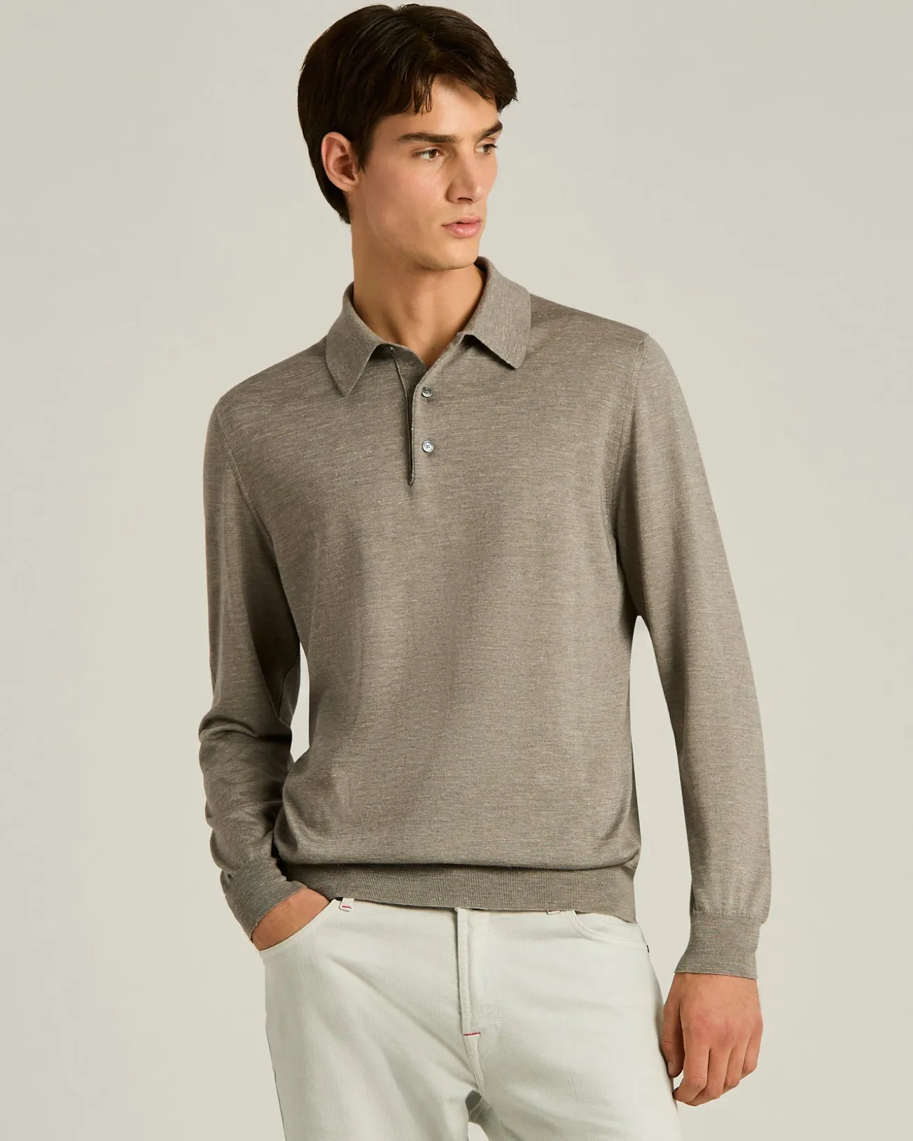 LIGHTWEIGHT KNIT LONG SLEEVED POLO SHIRT BRIGHT GREY AND MOTHER OF PEARL