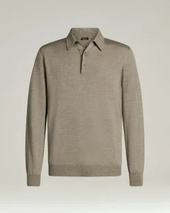 LIGHTWEIGHT KNIT LONG SLEEVED POLO SHIRT BRIGHT GREY AND MOTHER OF PEARL