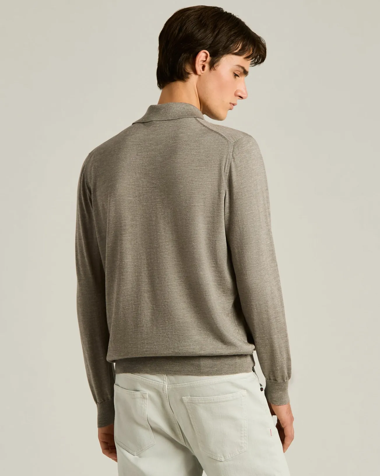 LIGHTWEIGHT KNIT LONG SLEEVED POLO SHIRT BRIGHT GREY AND MOTHER OF PEARL