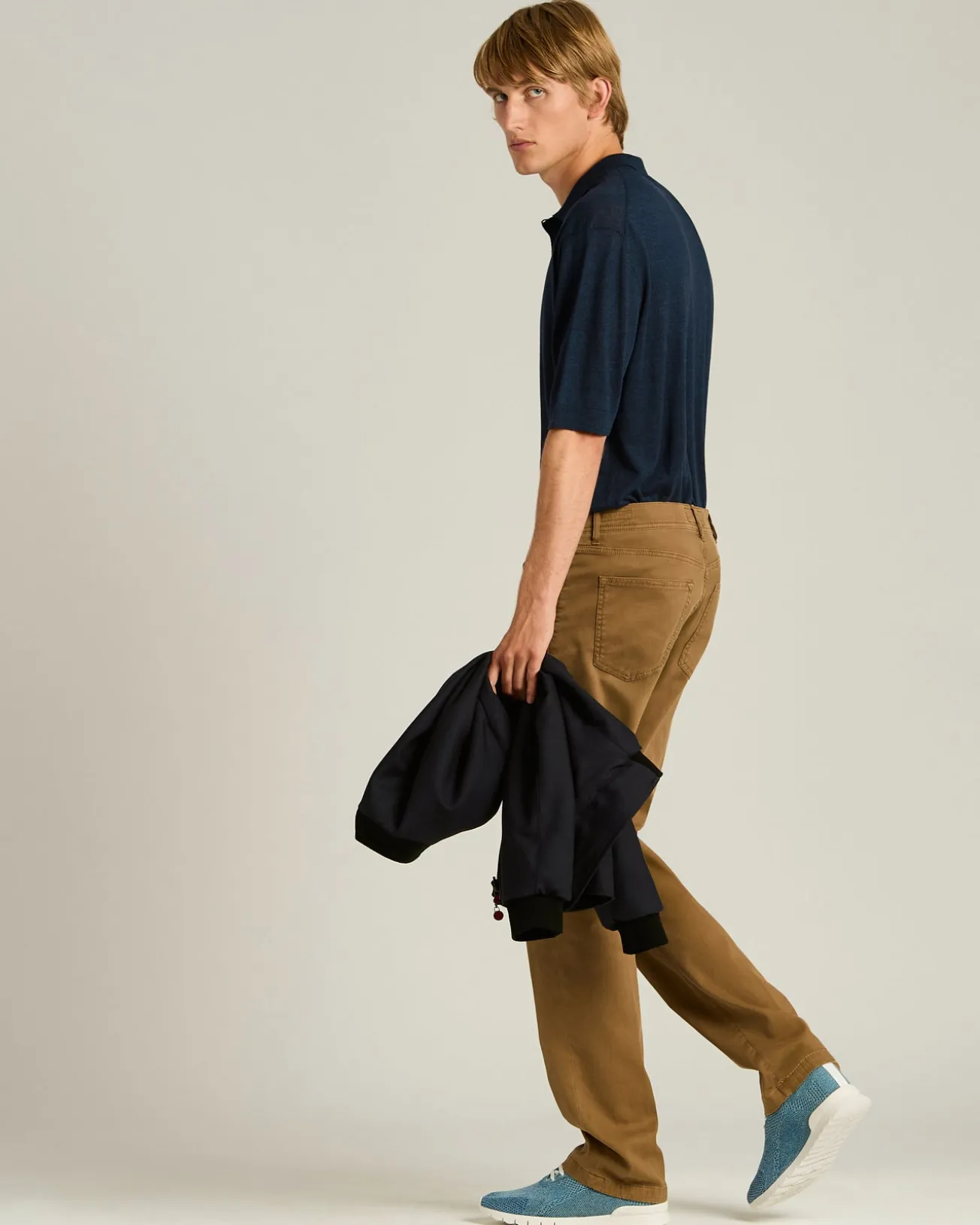 LIGHTWEIGHT KNIT SHORT SLEEVED POLO SHIRT BLUE NATURAL FIBER BLEND
