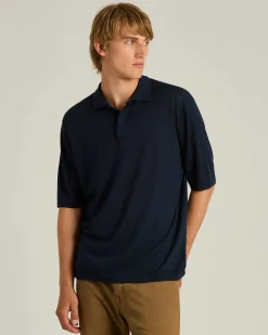 LIGHTWEIGHT KNIT SHORT SLEEVED POLO SHIRT BLUE NATURAL FIBER BLEND