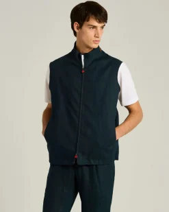 LINEN SLEEVELESS JACKET IN NAVY BLUE WITH LAMBSKIN COLLAR