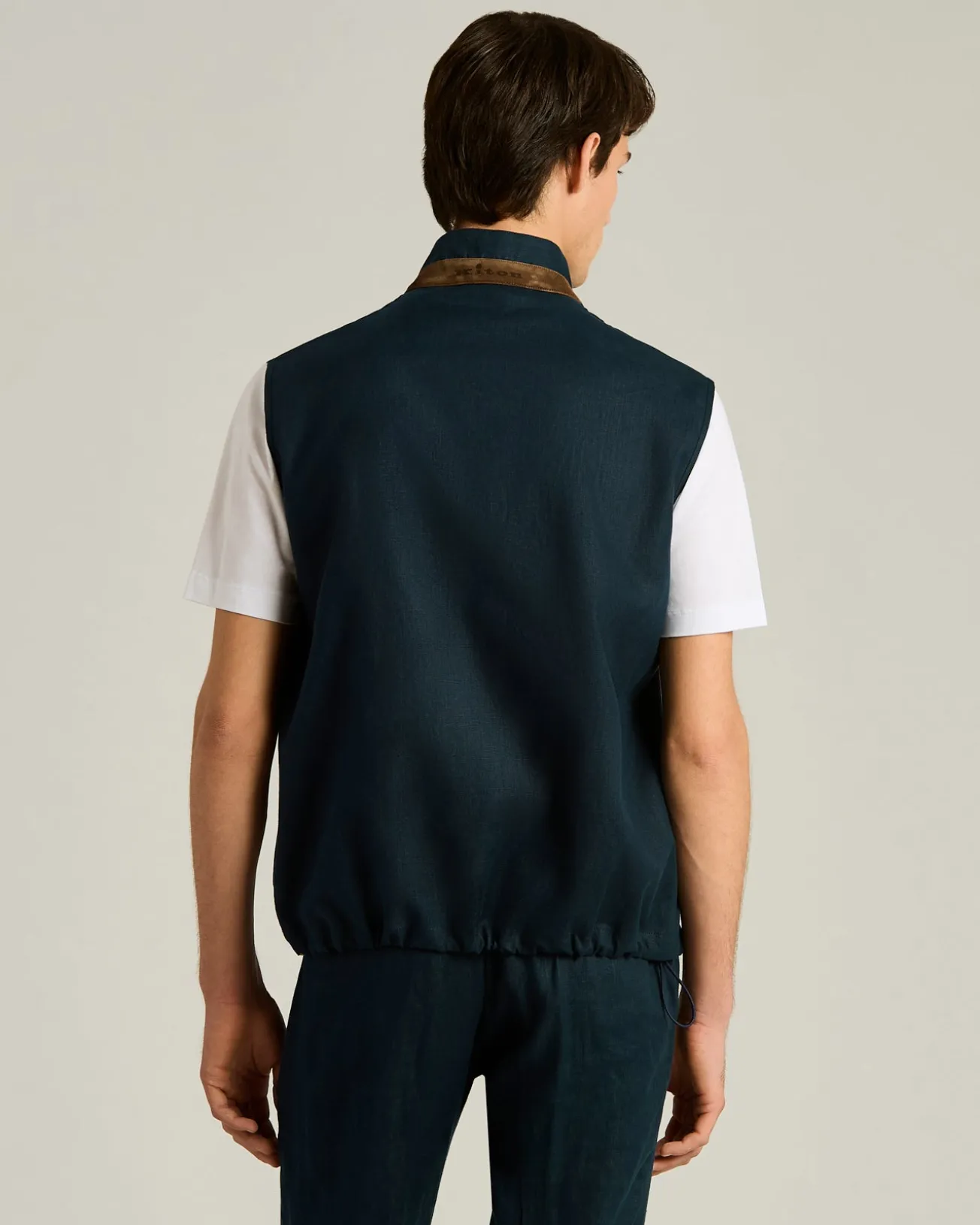 LINEN SLEEVELESS JACKET IN NAVY BLUE WITH LAMBSKIN COLLAR