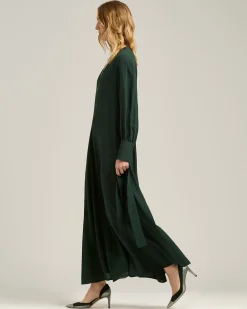 LONG, BELTED DRESS IN PURE SILK DARK GREEN