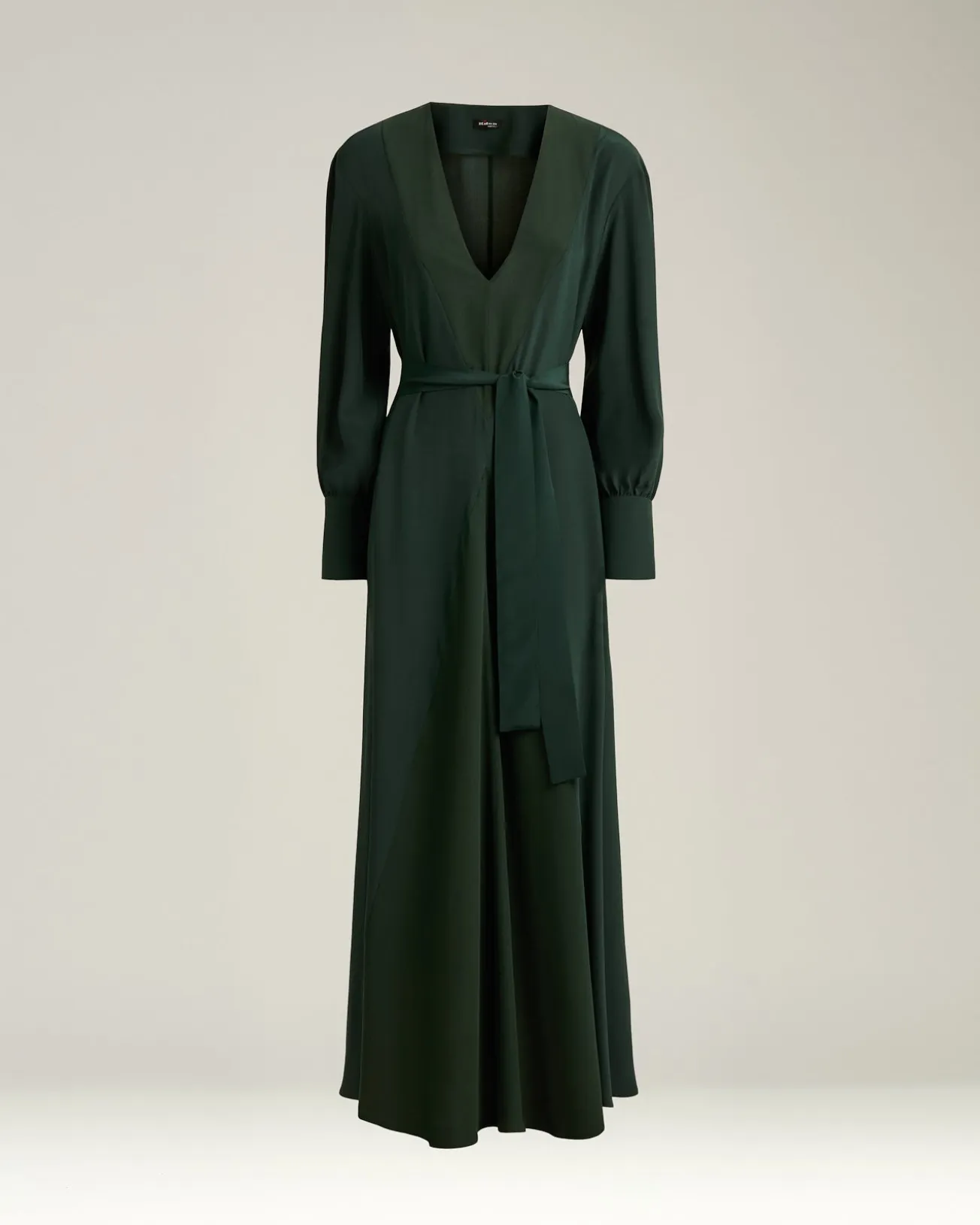 LONG, BELTED DRESS IN PURE SILK DARK GREEN