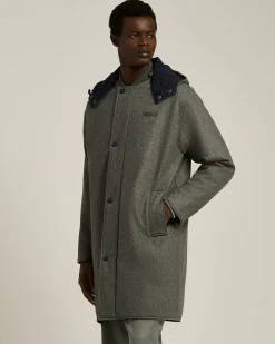 LONG OVERCOAT WITH HOOD IN PURE VIRGIN WOOL GREY