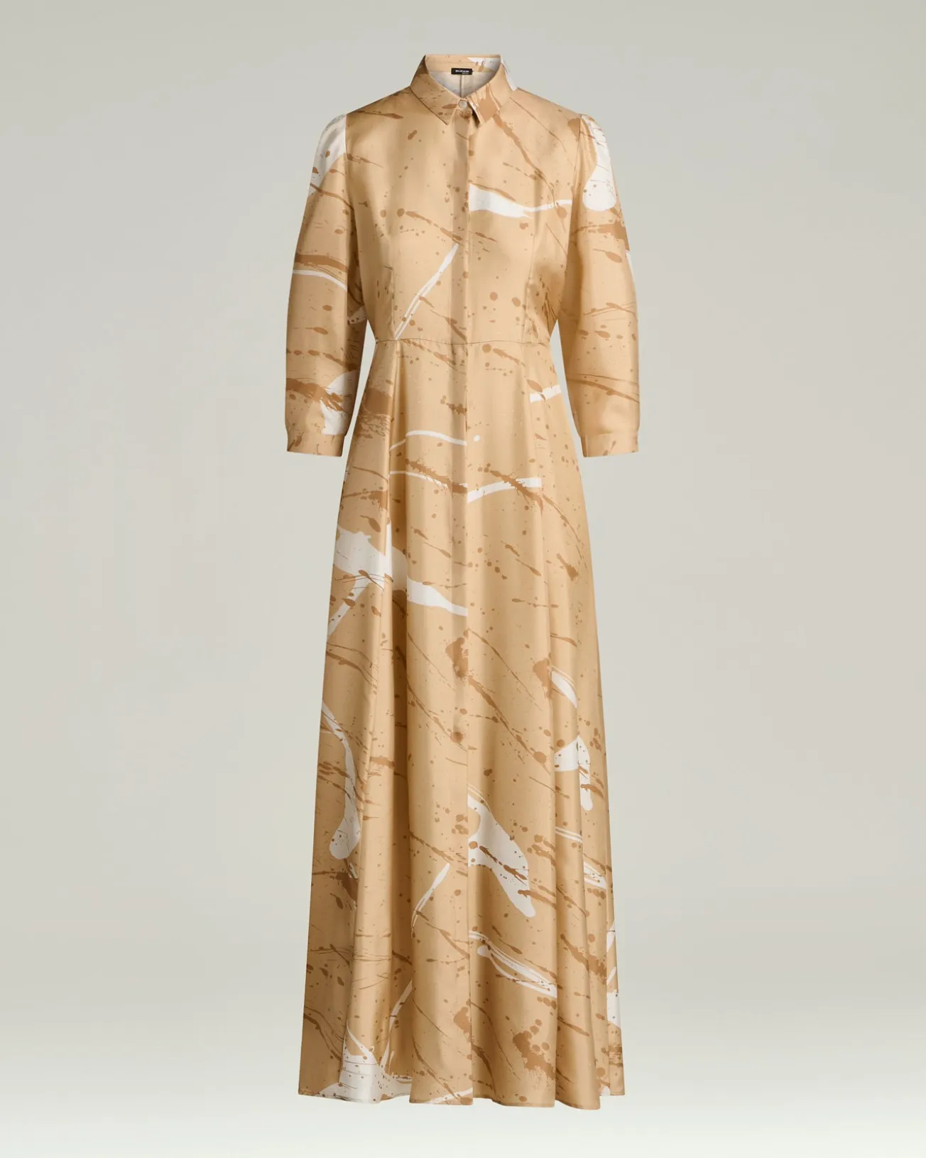 LONG PRINTED PURE SILK DRESS IN CAMEL