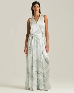 LONG SILK DRESS WITH ETHNIC BRUSH PATTERN