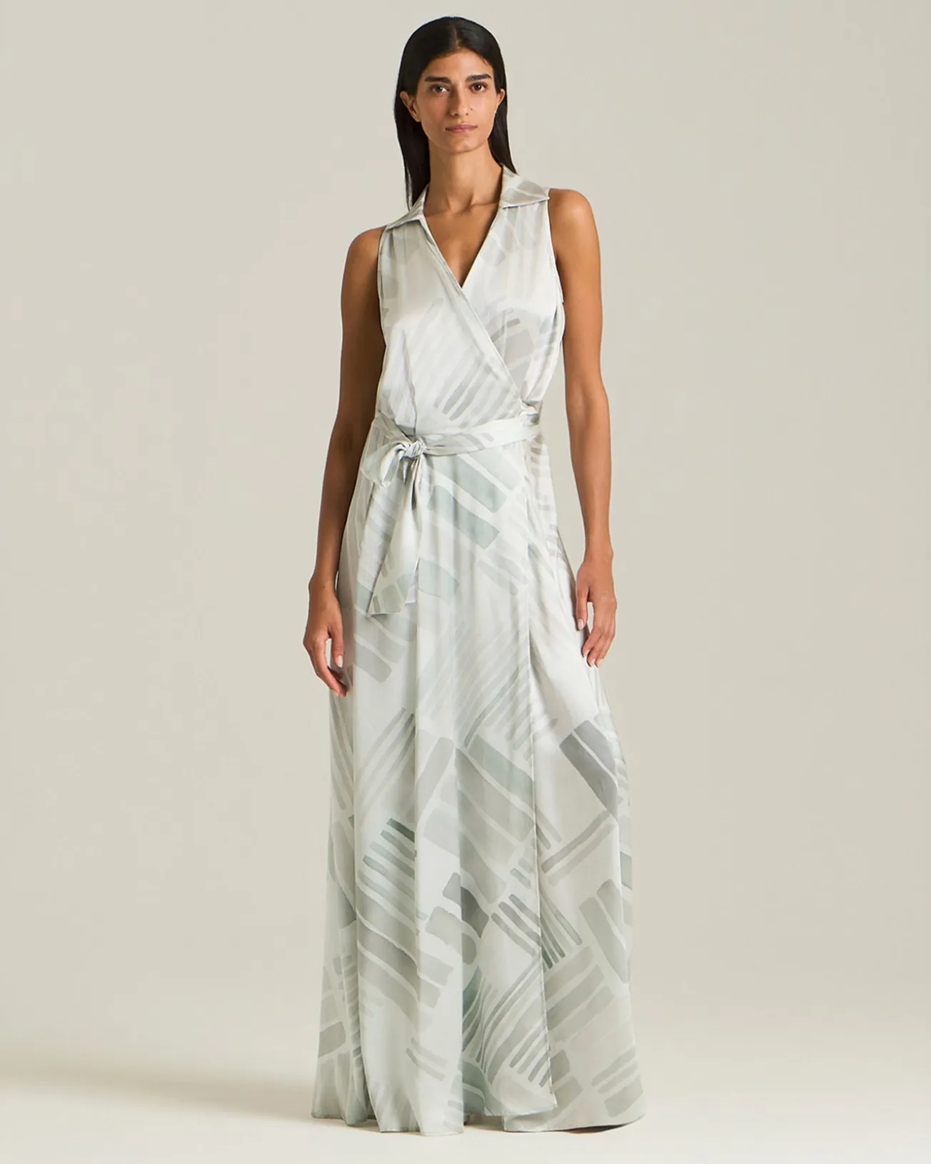 LONG SILK DRESS WITH ETHNIC BRUSH PATTERN