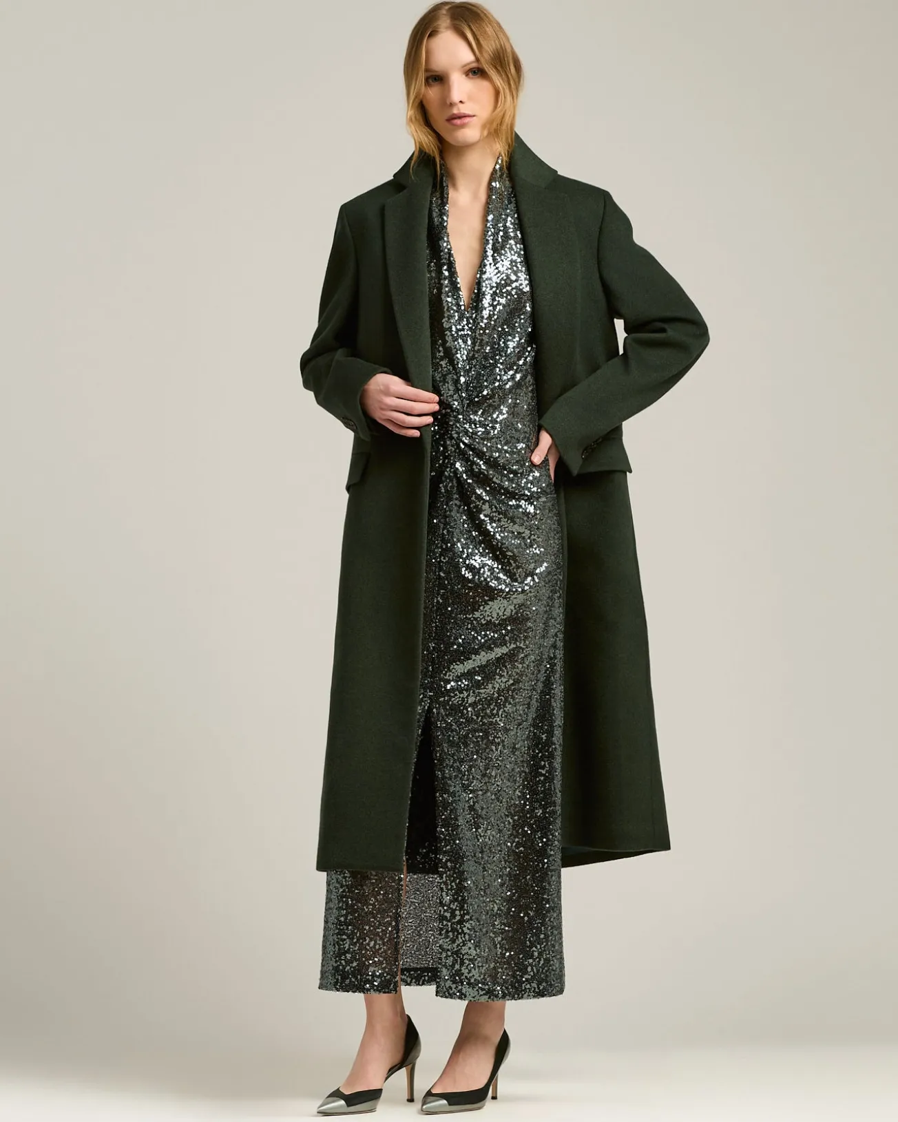 LONG SINGLE-BREASTED COAT IN PURE CASHMERE DARK GREEN