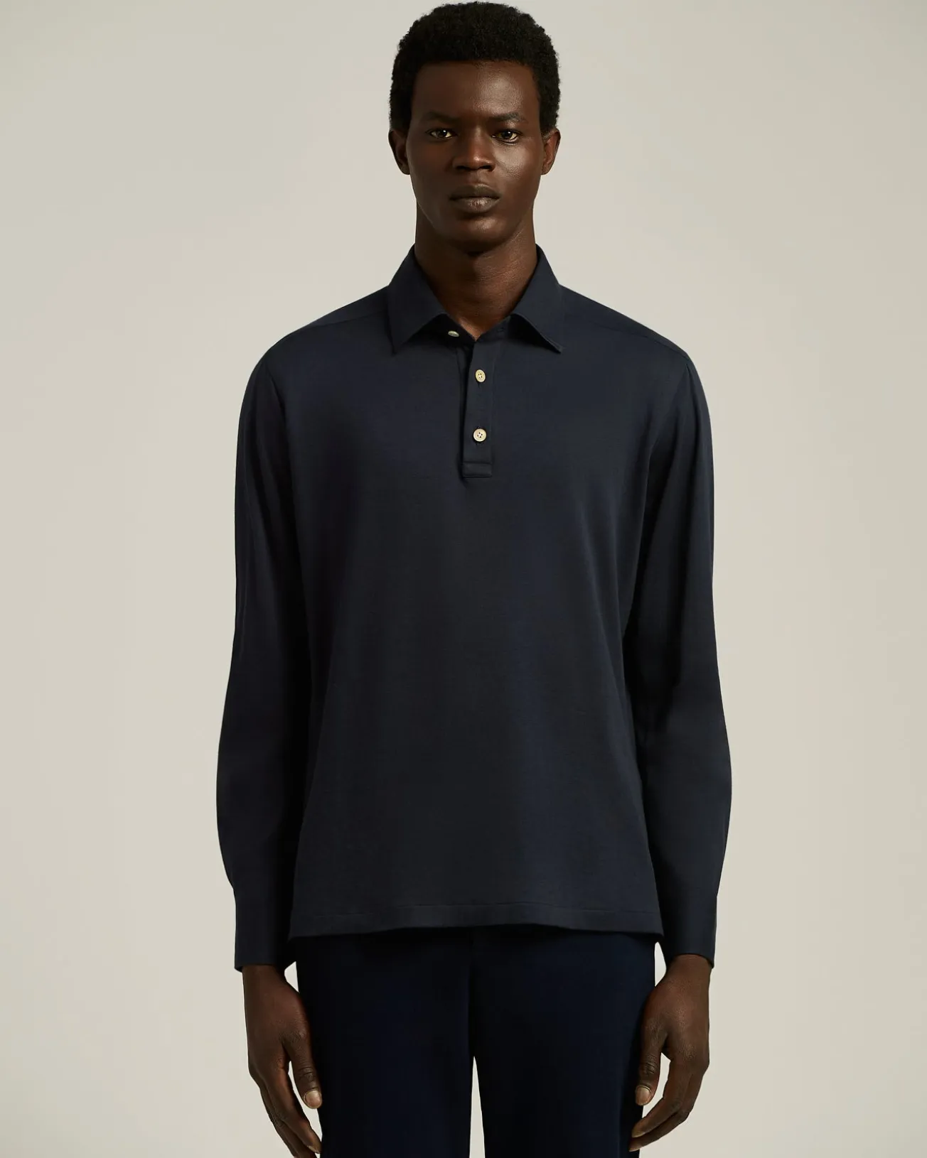 LONG-SLEEVE 'POSITANO' POLO IN NAVY COTTON JERSEY