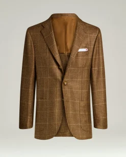 NATURAL BLEND CHECKED SINGLE-BREASTED JACKET BROWN WOOL CASHMERE SILK LINEN BLEND