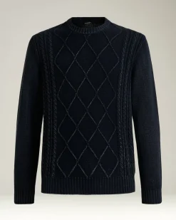 NAVY DIAMOND-PATTERN CASHMERE CREWNECK SWEATER