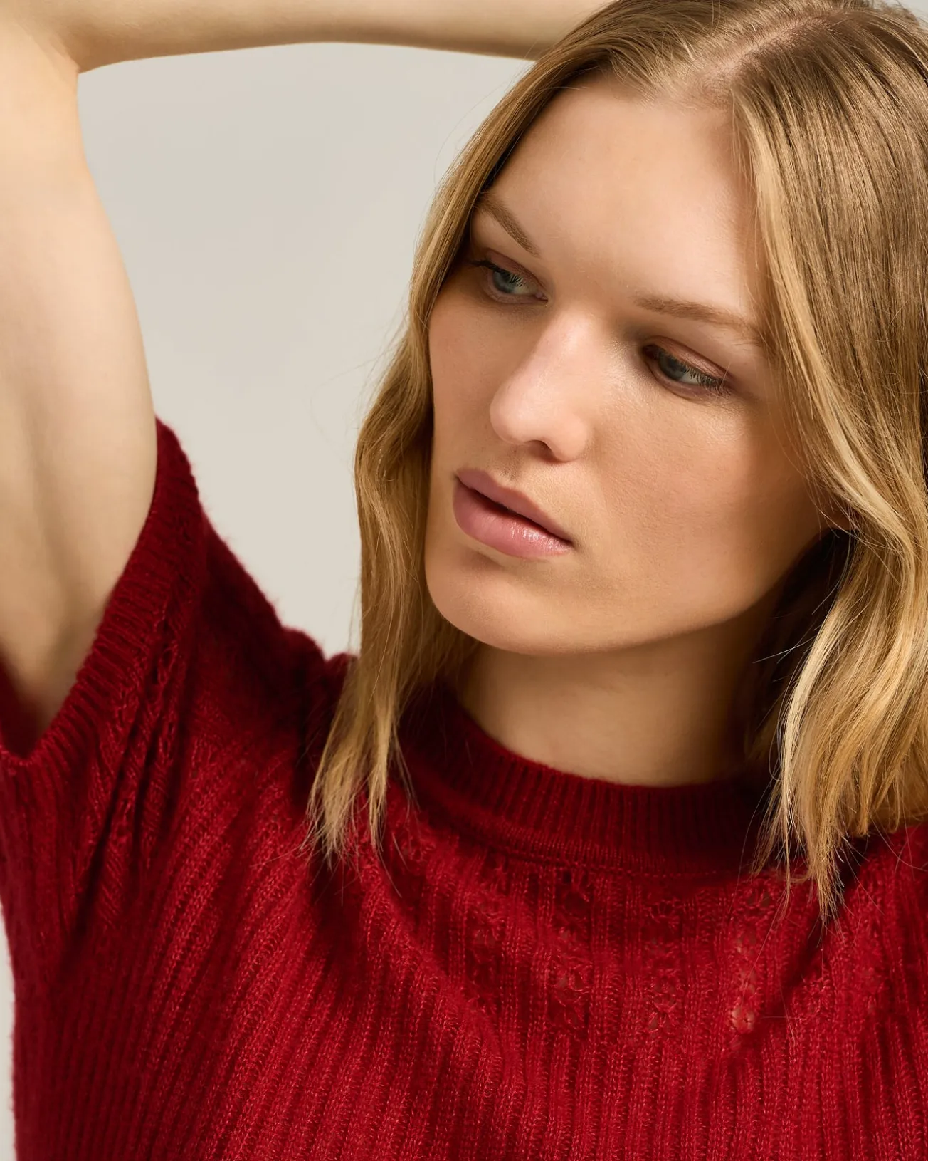 OPENWORK CREW NECK SWEATER IN CASHMERE AND SILK BURGUNDY
