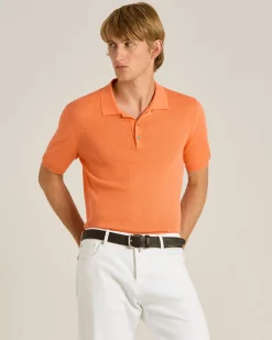 PEACH RIBBED COTTON POLO SHIRT WITH MOTHER OF PEARL DETAILS