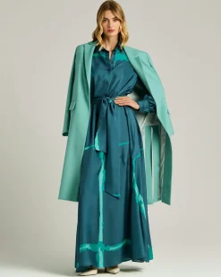 PETROLEUM GREEN LONG PRINTED SILK DRESS