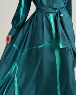 PETROLEUM GREEN LONG PRINTED SILK DRESS